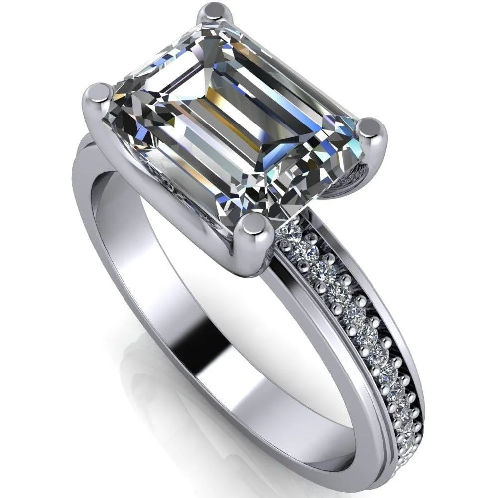 Gia Emerald Center Stone Diamond Channel Comfort Band 4 Prong Ring
