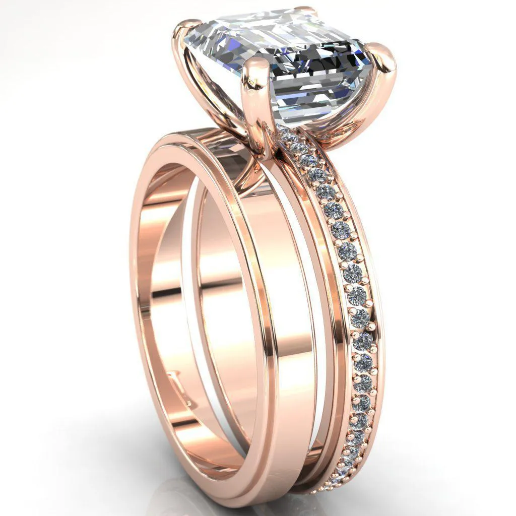 Gia Emerald Center Stone Diamond Channel Comfort Band 4 Prong Ring