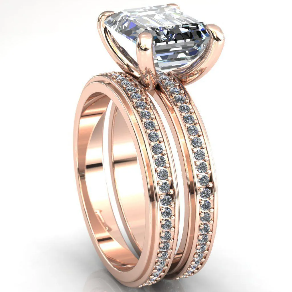 Gia Emerald Center Stone Diamond Channel Comfort Band 4 Prong Ring