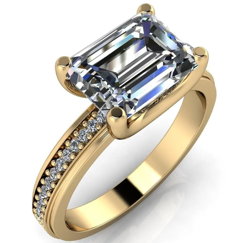 Gia Emerald Center Stone Diamond Channel Comfort Band 4 Prong Ring