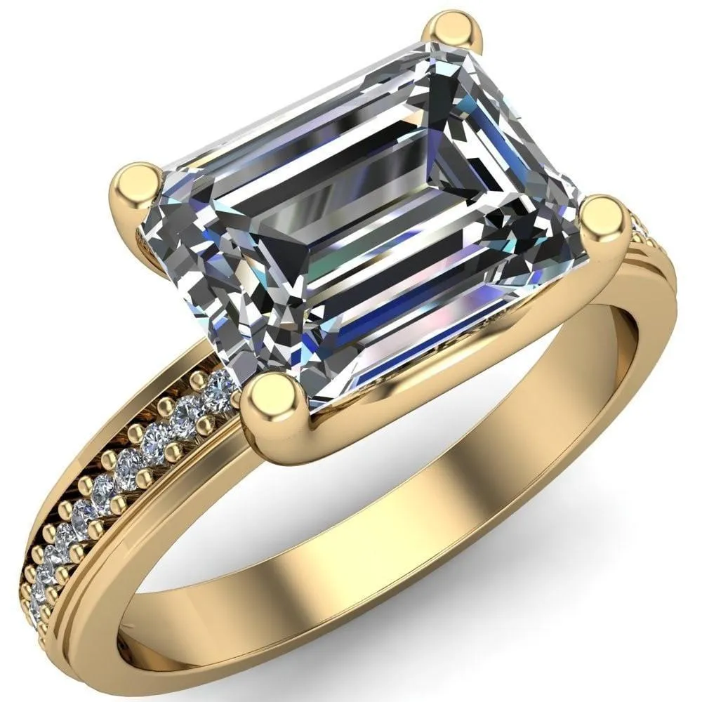 Gia Emerald Center Stone Diamond Channel Comfort Band 4 Prong Ring