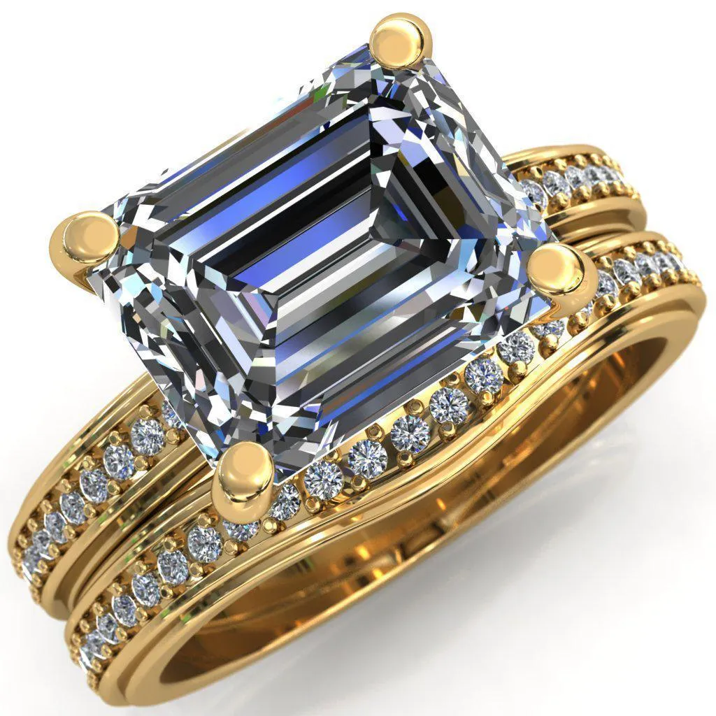 Gia Emerald Center Stone Diamond Channel Comfort Band 4 Prong Ring