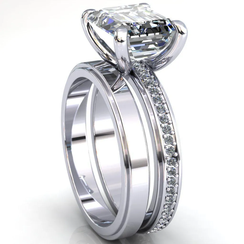 Gia Emerald Center Stone Diamond Channel Comfort Band 4 Prong Ring