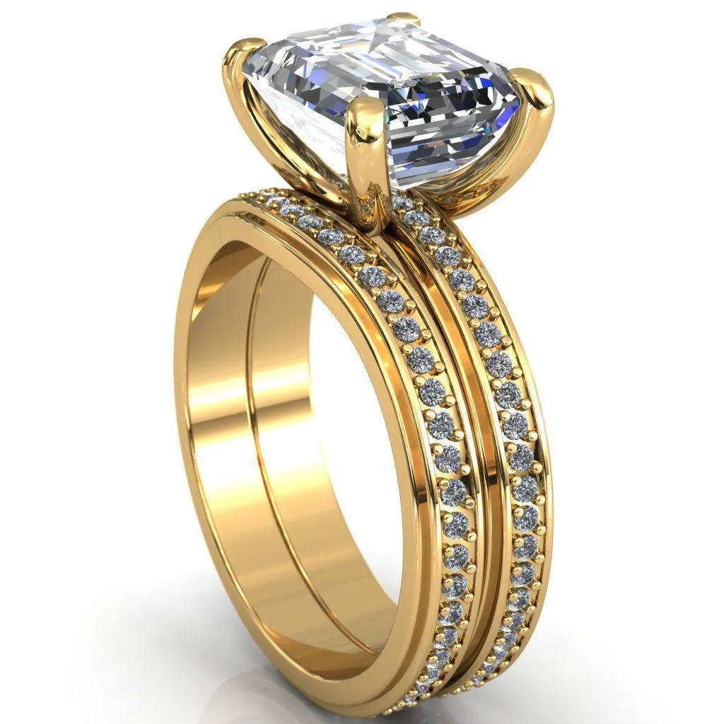 Gia Emerald Center Stone Diamond Channel Comfort Band 4 Prong Ring