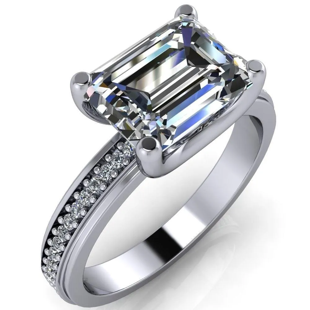 Gia Emerald Center Stone Diamond Channel Comfort Band 4 Prong Ring