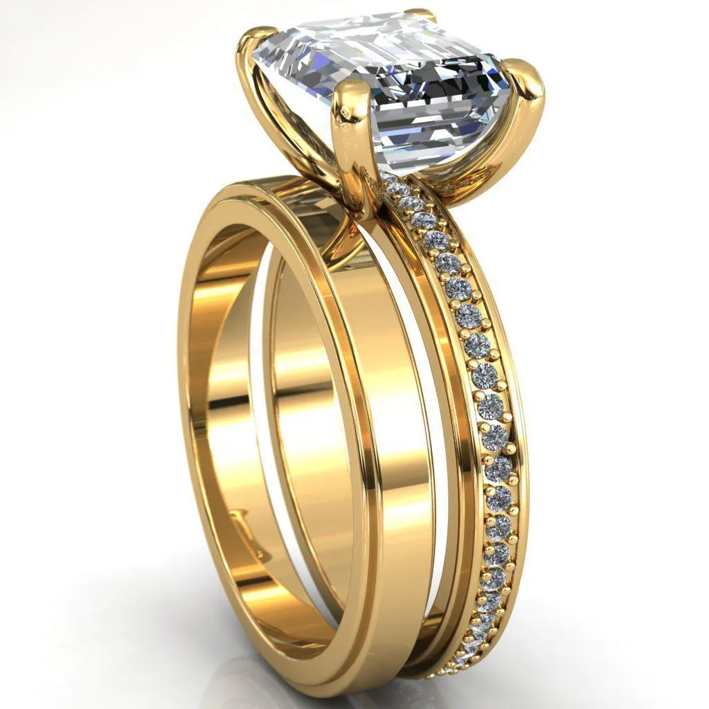 Gia Emerald Center Stone Diamond Channel Comfort Band 4 Prong Ring