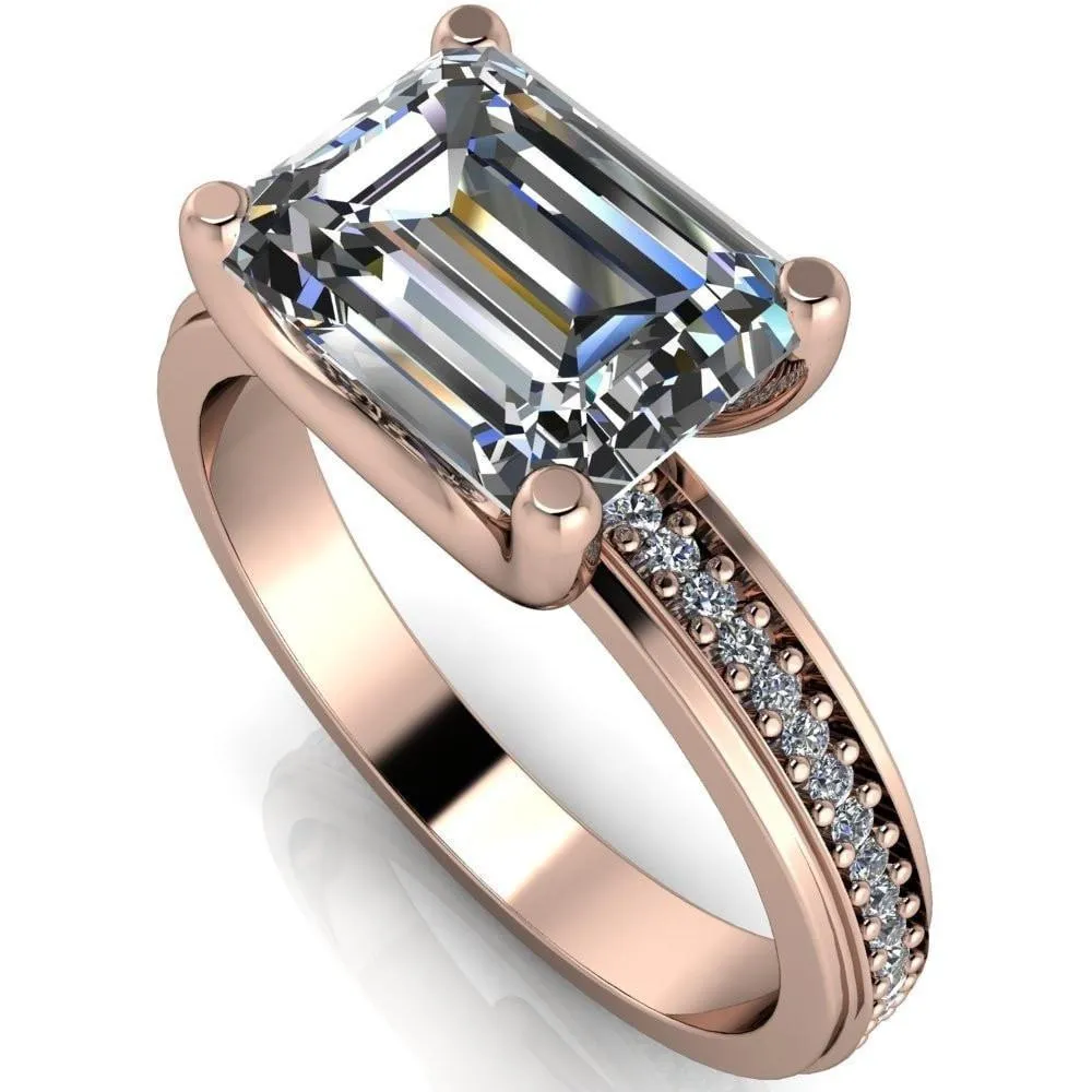 Gia Emerald Center Stone Diamond Channel Comfort Band 4 Prong Ring