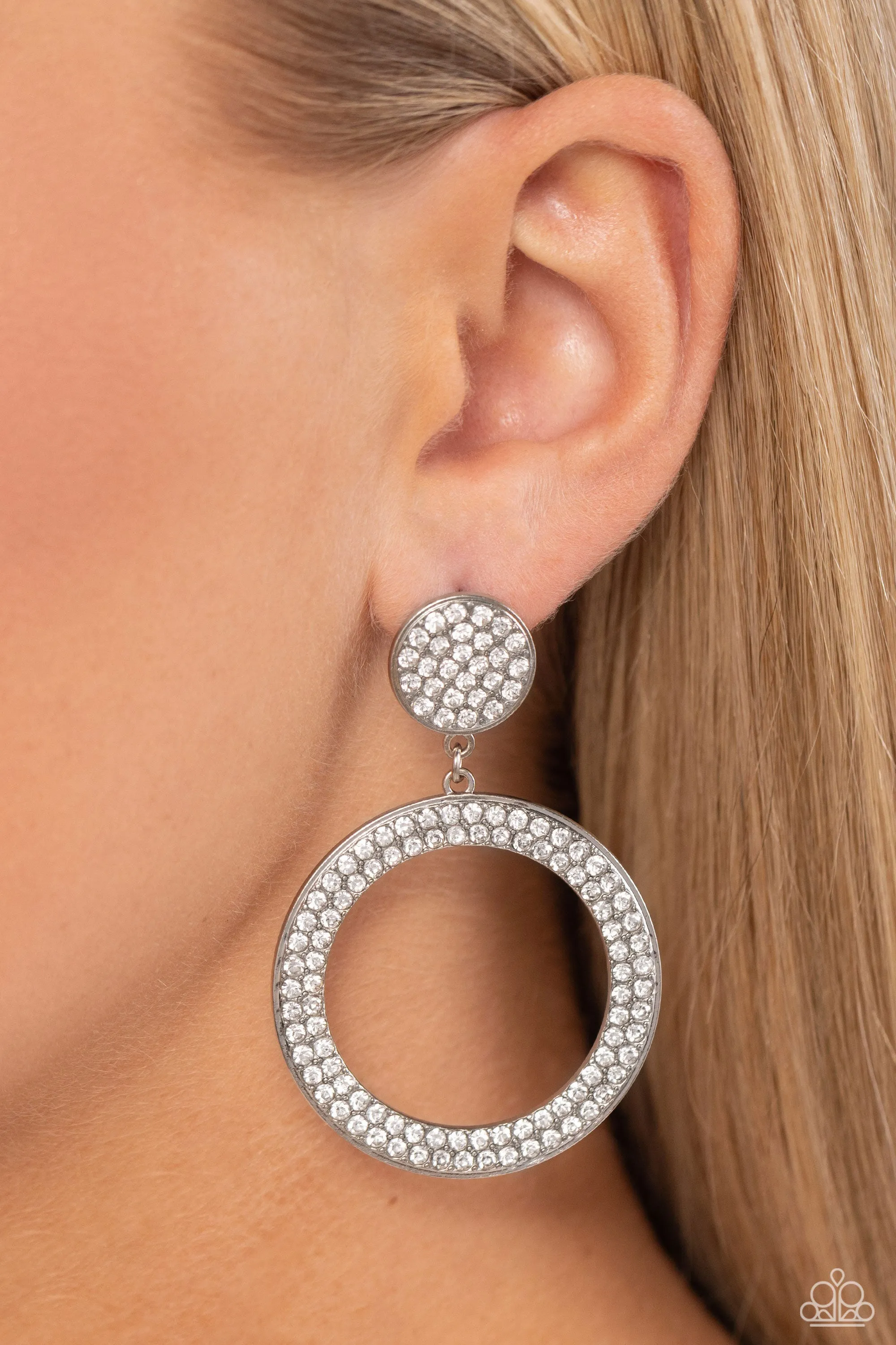 GLOW You Away - White - Rhinestone Encrusted Hoop Paparazzi Post Earrings
