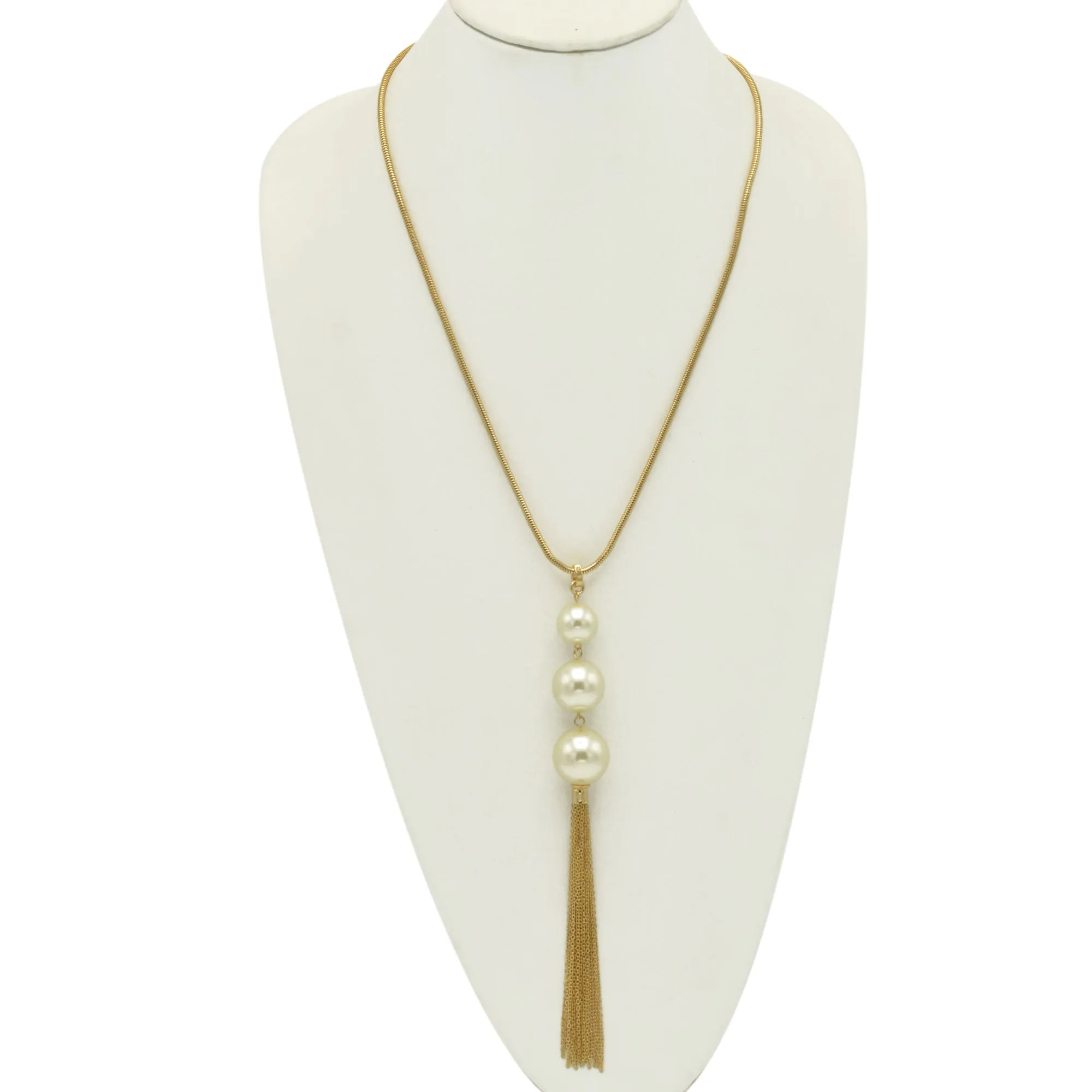 GOLD BIG CREAM PEARL LONG TASSEL NECKLACE #SQ466G (HF4-5)