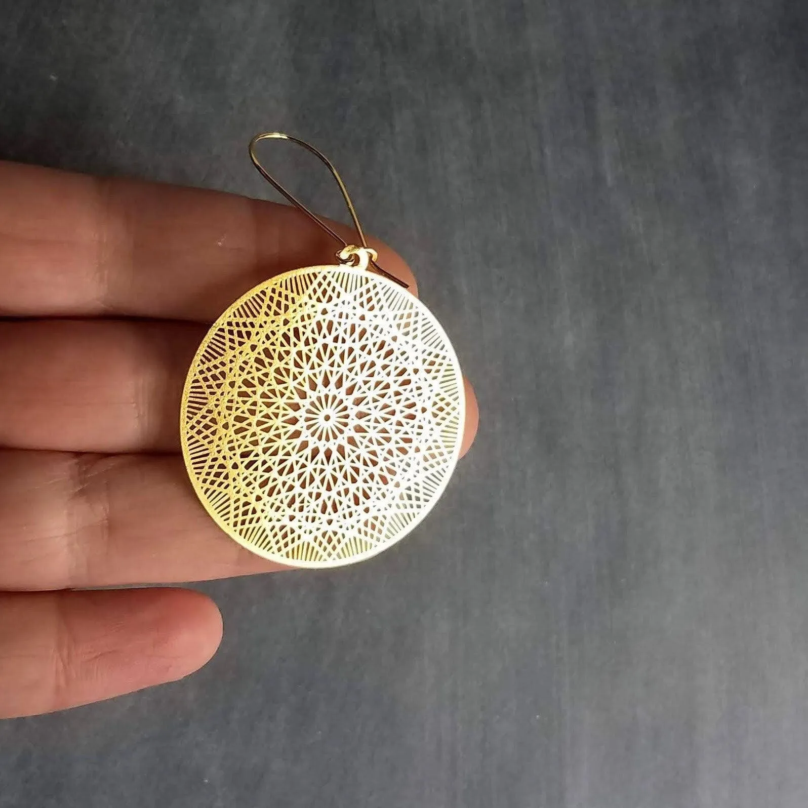 Gold Dreamcatcher Earrings, gold spiderweb earrings, spider web earring, dream catcher earring, gold filigree earrings, intricate cut out