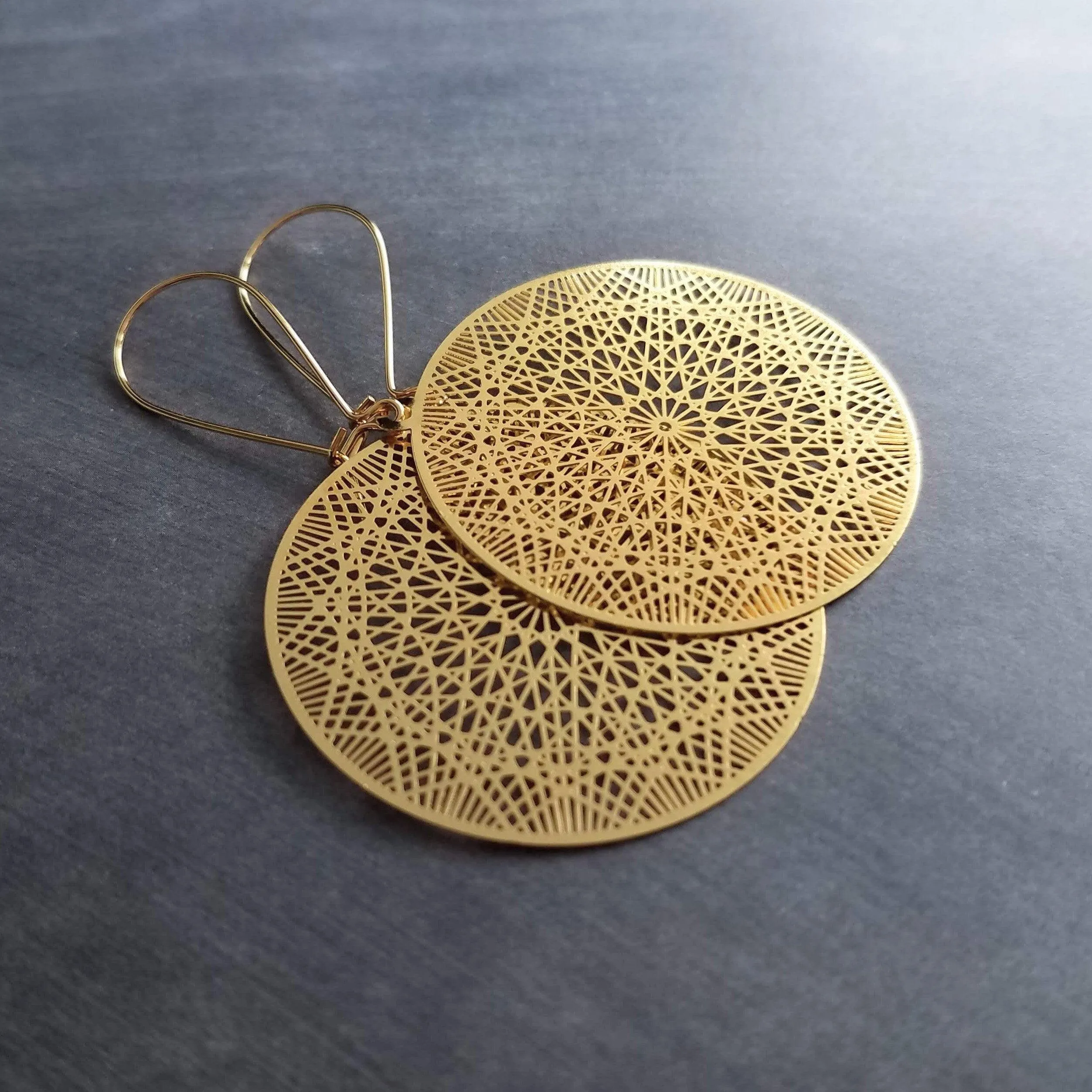Gold Dreamcatcher Earrings, gold spiderweb earrings, spider web earring, dream catcher earring, gold filigree earrings, intricate cut out