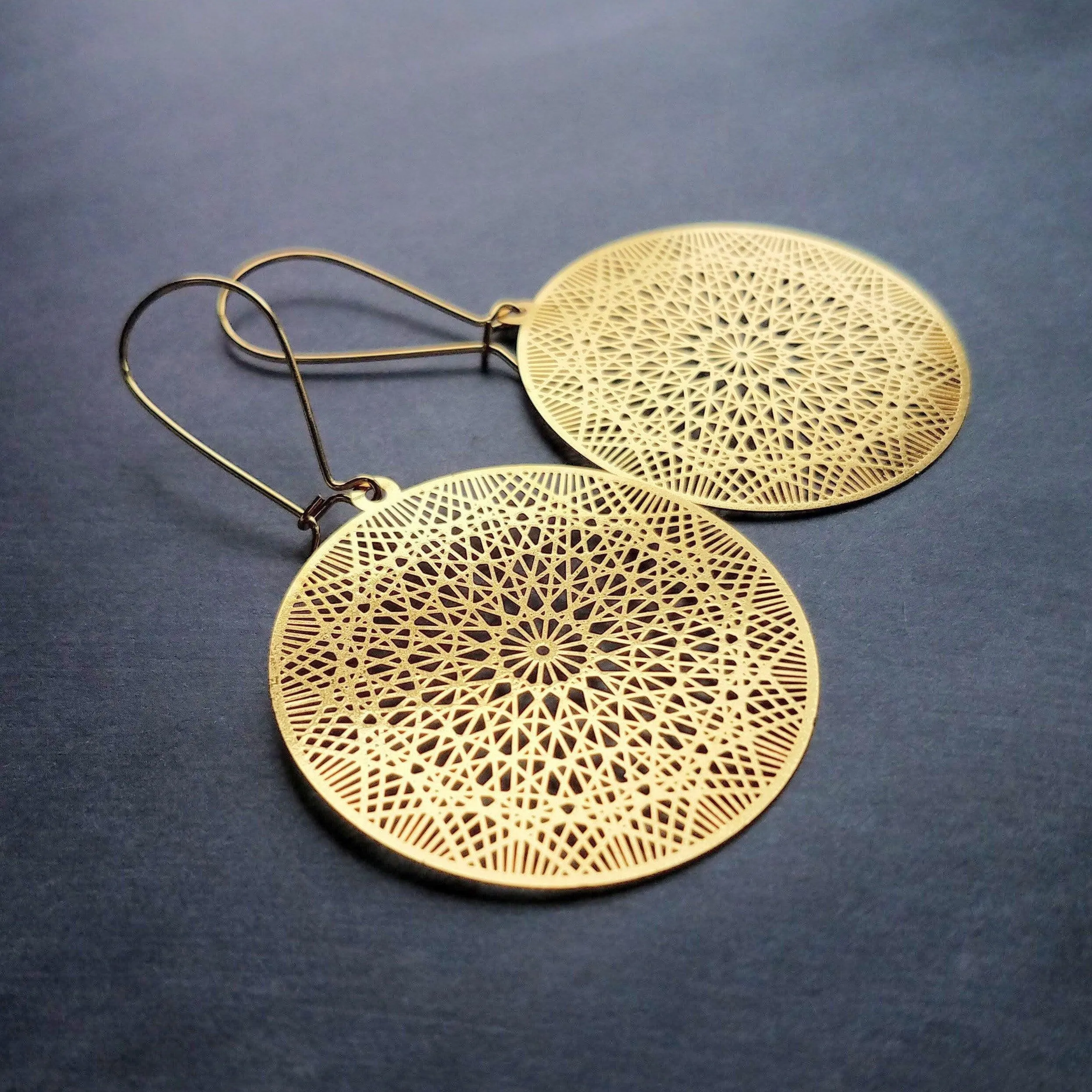 Gold Dreamcatcher Earrings, gold spiderweb earrings, spider web earring, dream catcher earring, gold filigree earrings, intricate cut out
