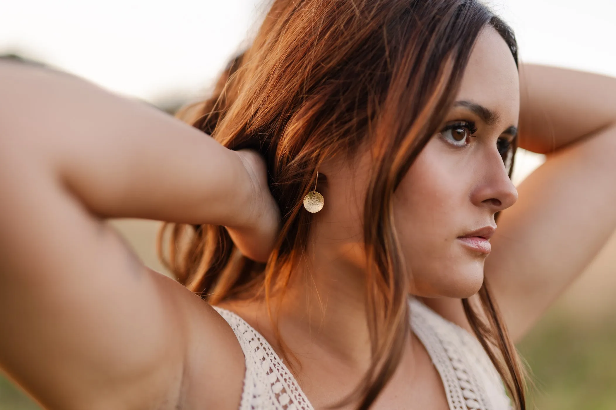 Gold Hammered Disc Drop Earrings