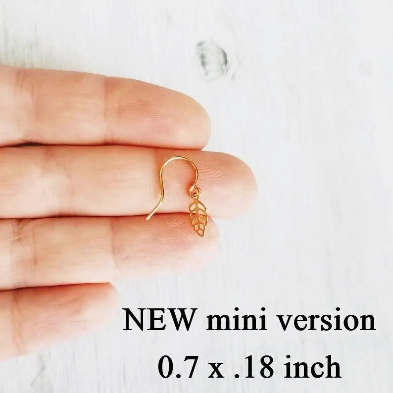 Gold Leaf Earrings, small delicate leaf earrings, modern gold leaf earring, gold filigree leaf earrings, 14K SOLID GOLD or fill hook upgrade