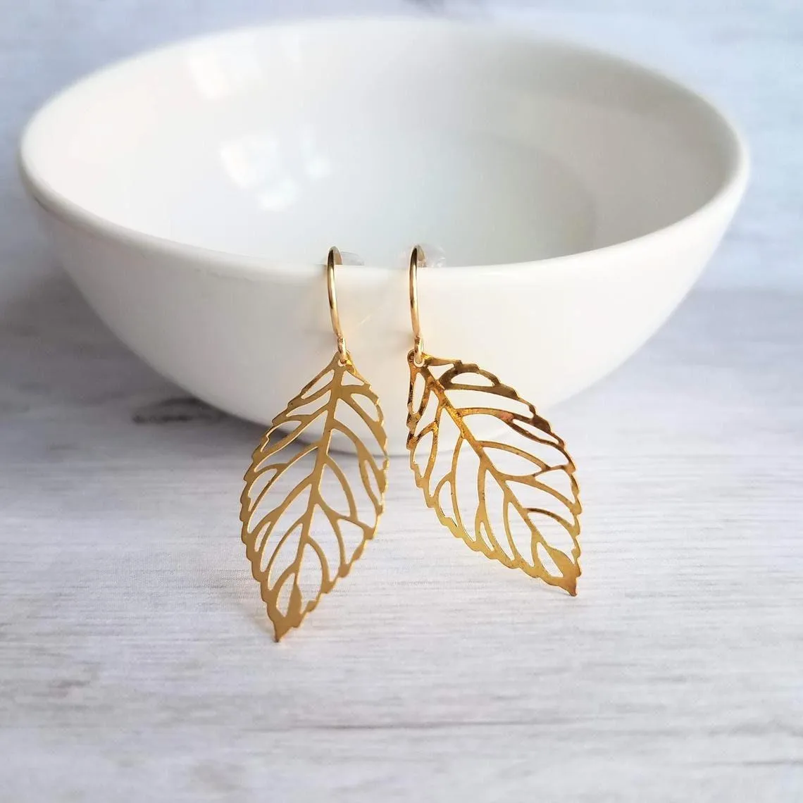 Gold Leaf Earrings, small delicate leaf earrings, modern gold leaf earring, gold filigree leaf earrings, 14K SOLID GOLD or fill hook upgrade