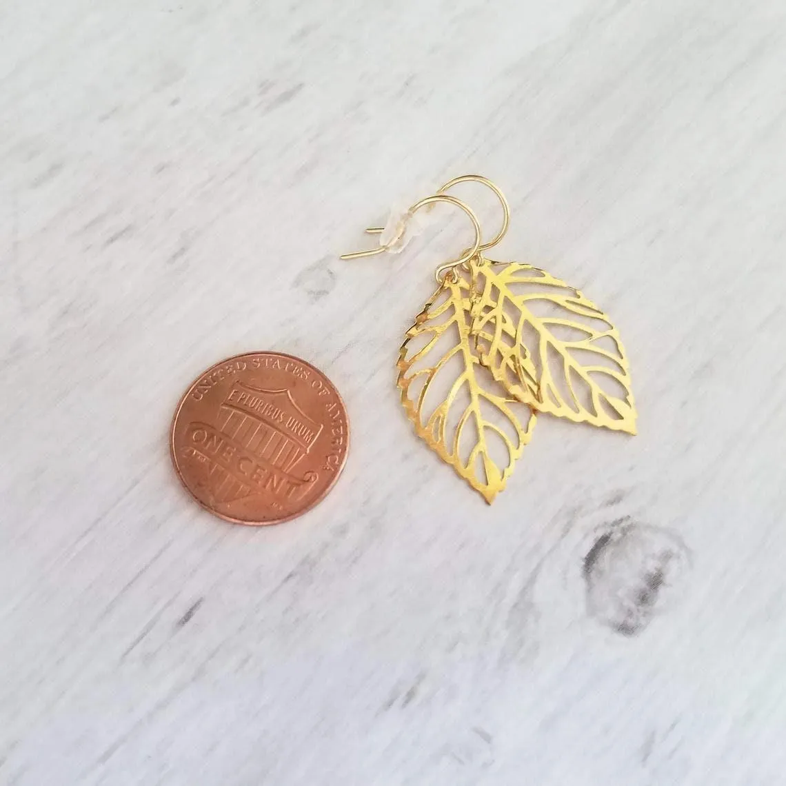 Gold Leaf Earrings, small delicate leaf earrings, modern gold leaf earring, gold filigree leaf earrings, 14K SOLID GOLD or fill hook upgrade