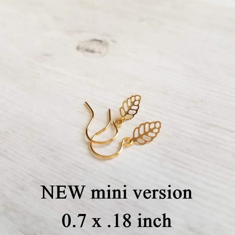 Gold Leaf Earrings, small delicate leaf earrings, modern gold leaf earring, gold filigree leaf earrings, 14K SOLID GOLD or fill hook upgrade