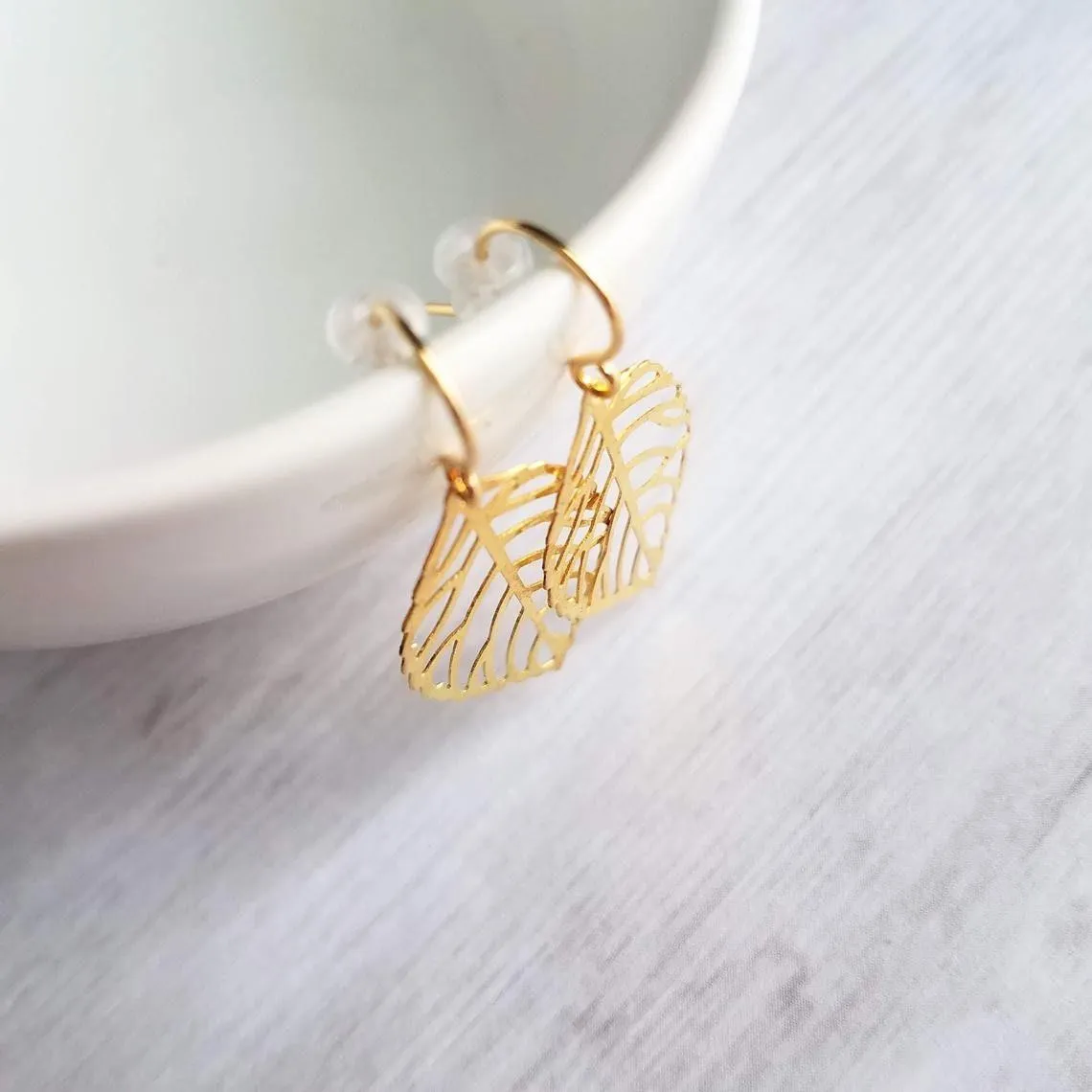 Gold Leaf Earrings, small delicate leaf earrings, modern gold leaf earring, gold filigree leaf earrings, 14K SOLID GOLD or fill hook upgrade