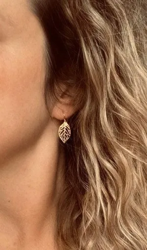 Gold Leaf Earrings, small delicate leaf earrings, modern gold leaf earring, gold filigree leaf earrings, 14K SOLID GOLD or fill hook upgrade