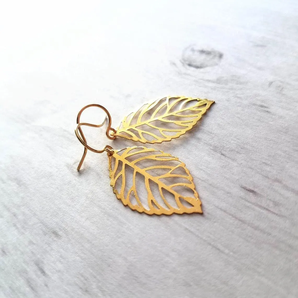 Gold Leaf Earrings, small delicate leaf earrings, modern gold leaf earring, gold filigree leaf earrings, 14K SOLID GOLD or fill hook upgrade