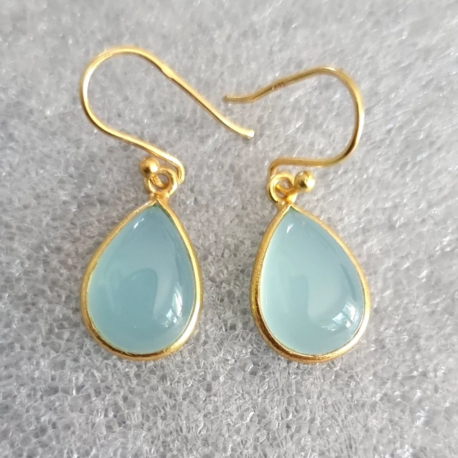 Gold Plated 925 Silver Teardrop Aqua Chalcedony Earrings, E94C