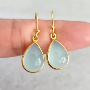 Gold Plated 925 Silver Teardrop Aqua Chalcedony Earrings, E94C