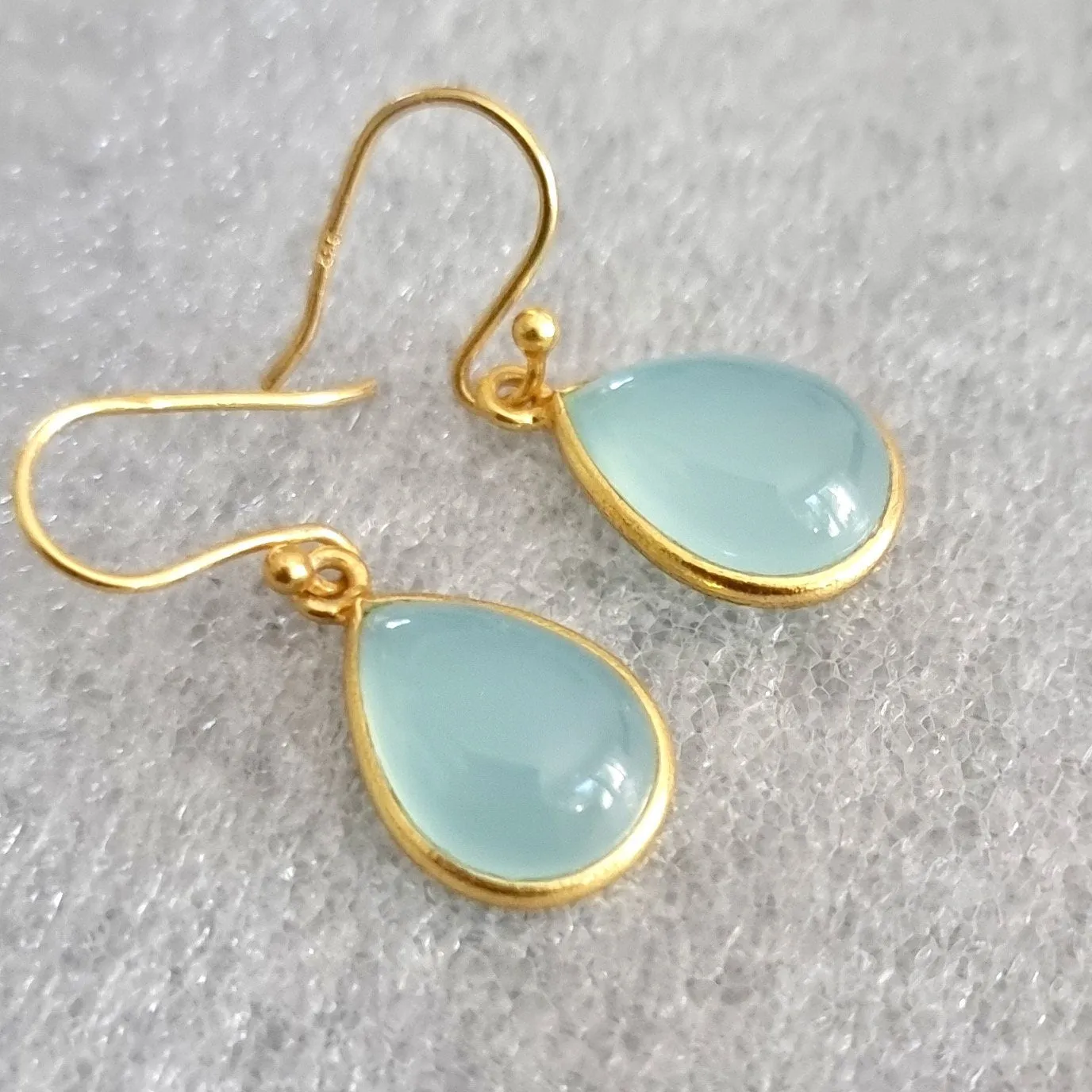 Gold Plated 925 Silver Teardrop Aqua Chalcedony Earrings, E94C