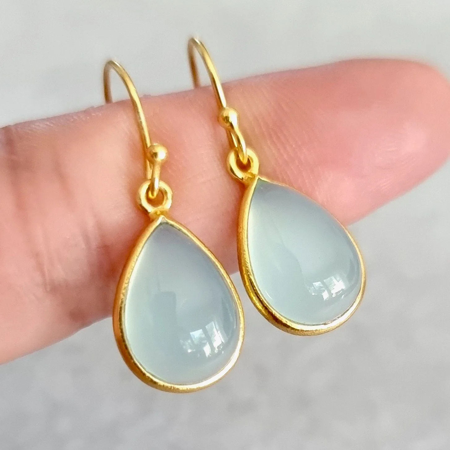 Gold Plated 925 Silver Teardrop Aqua Chalcedony Earrings, E94C