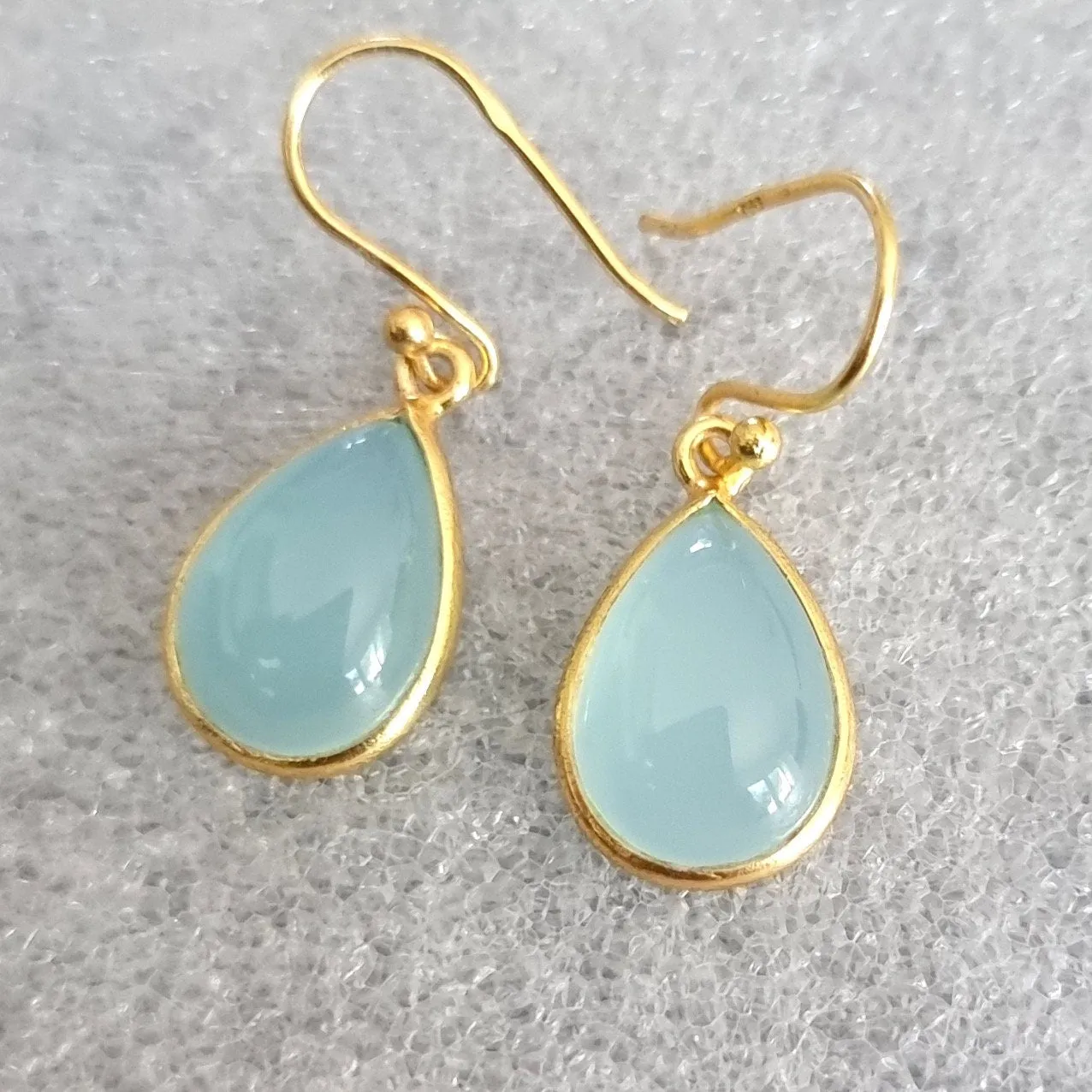 Gold Plated 925 Silver Teardrop Aqua Chalcedony Earrings, E94C