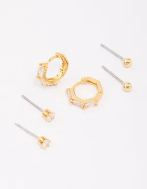 Gold Plated Brass Baguette Gold Ball Earring 6-Pack