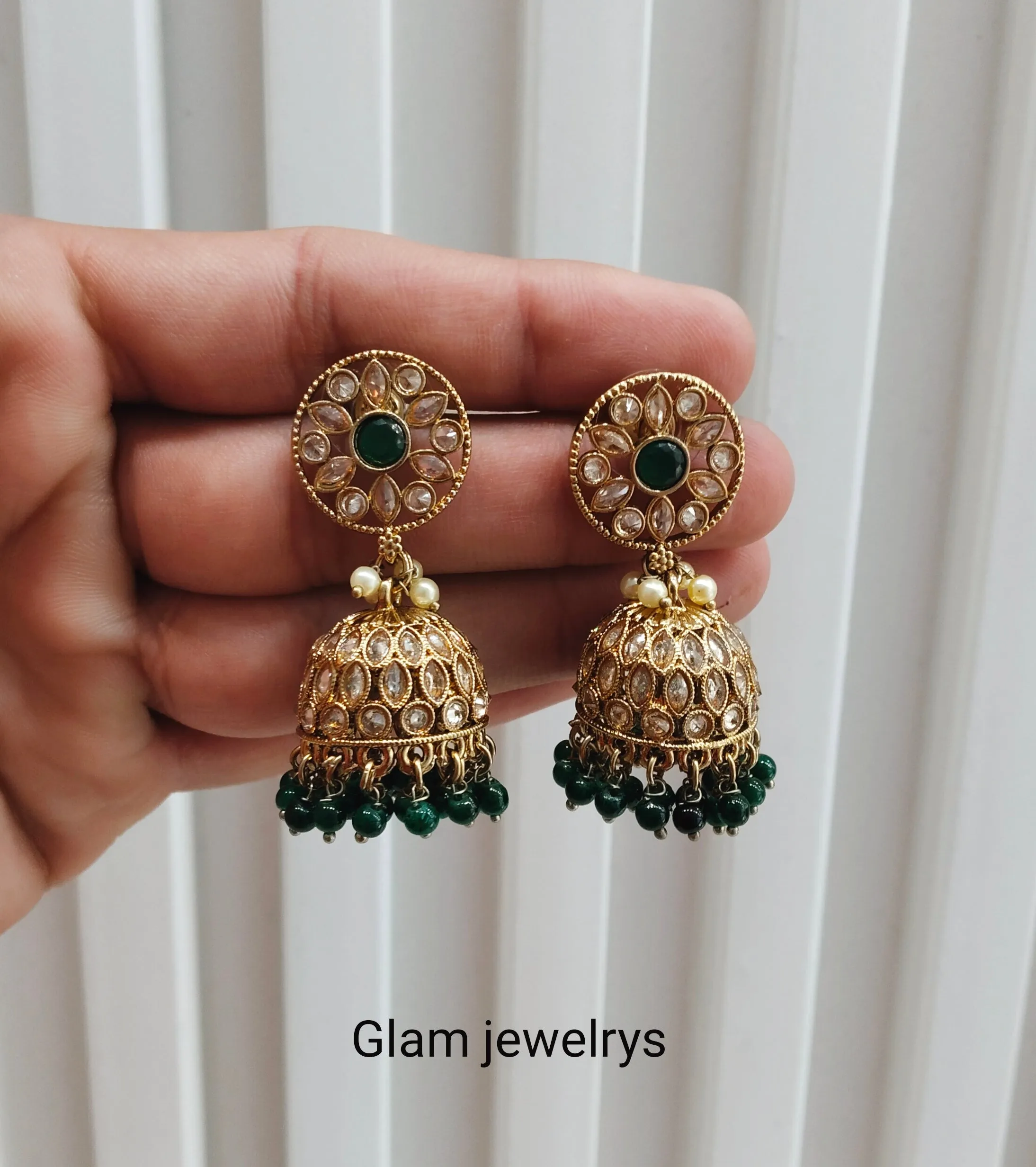 Green Antique Gold Jhumki Bollywood indian Earrings