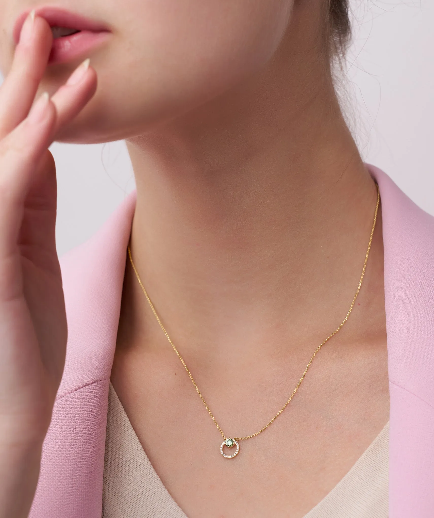 Green Gemstone & Diamond Circle Necklace