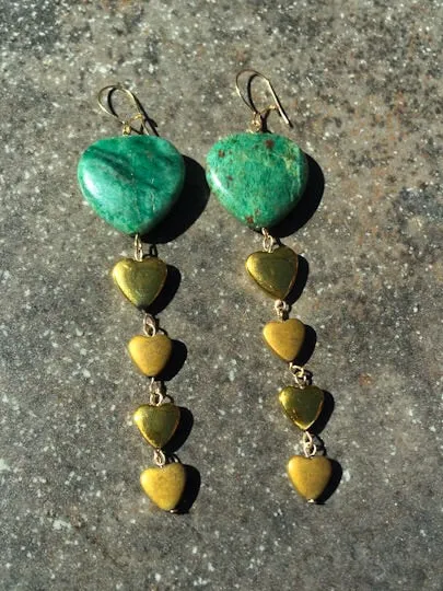 Green Jasper & gold Hematite Hearts long drop Earrings