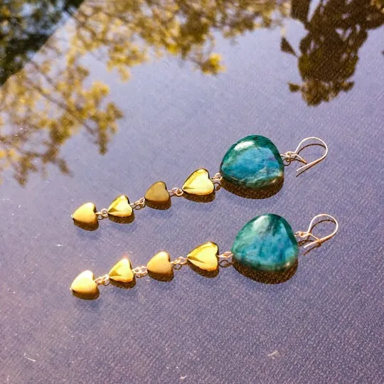 Green Jasper & gold Hematite Hearts long drop Earrings