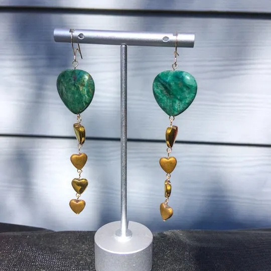 Green Jasper & gold Hematite Hearts long drop Earrings