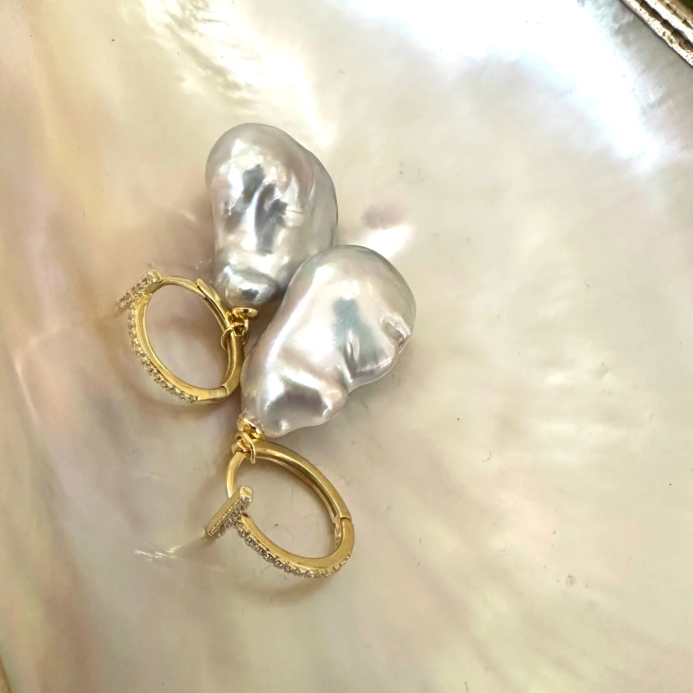 Grey Baroque Pearl Hoop Earrings in Gold