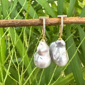 Grey Baroque Pearl Hoop Earrings in Gold