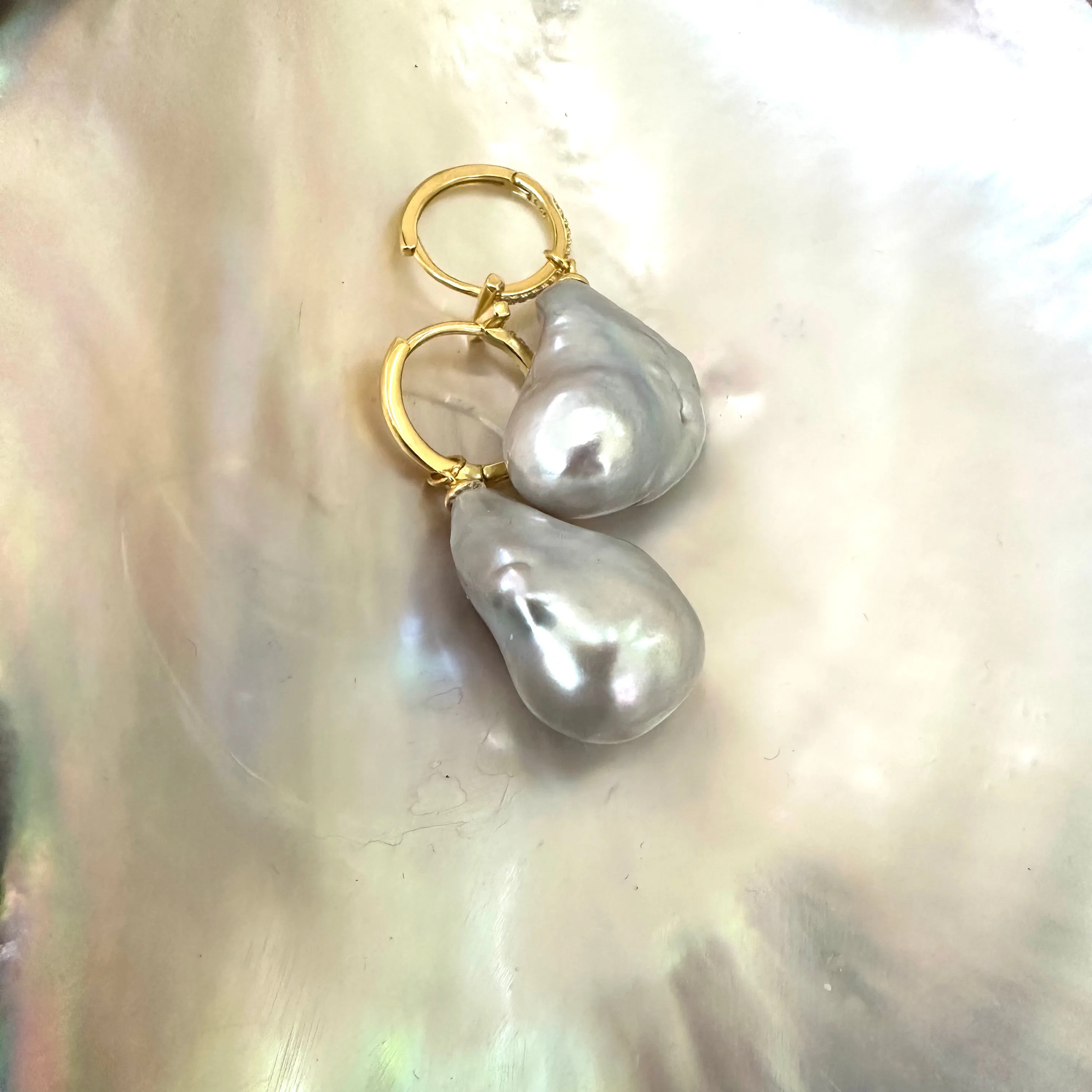 Grey Baroque Pearl Hoop Earrings in Gold