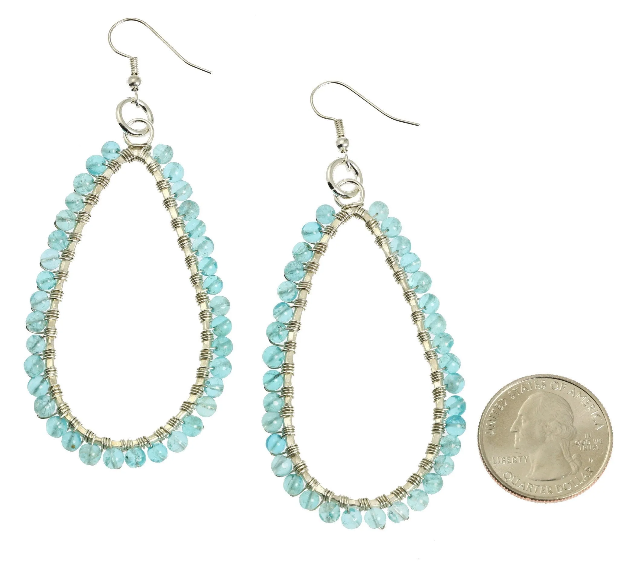 Hammered Fine Silver Tear Drop Earrings with Apatite Gemstones