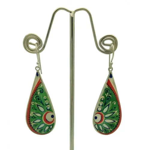 Hand Painted Mother of Pearl Long Green Silver Earrings
