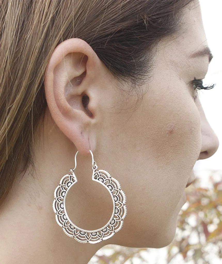 Handcrafted Floral Hoop Earrings - Hypoallergenic Brass and Silver Plated Design