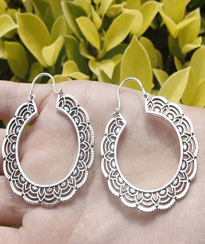 Handcrafted Floral Hoop Earrings - Hypoallergenic Brass and Silver Plated Design