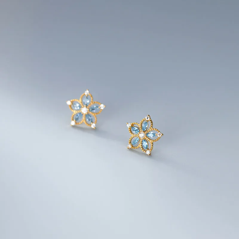 Hollow Flower w/ Blue Crystal Stud Earrings - SS067