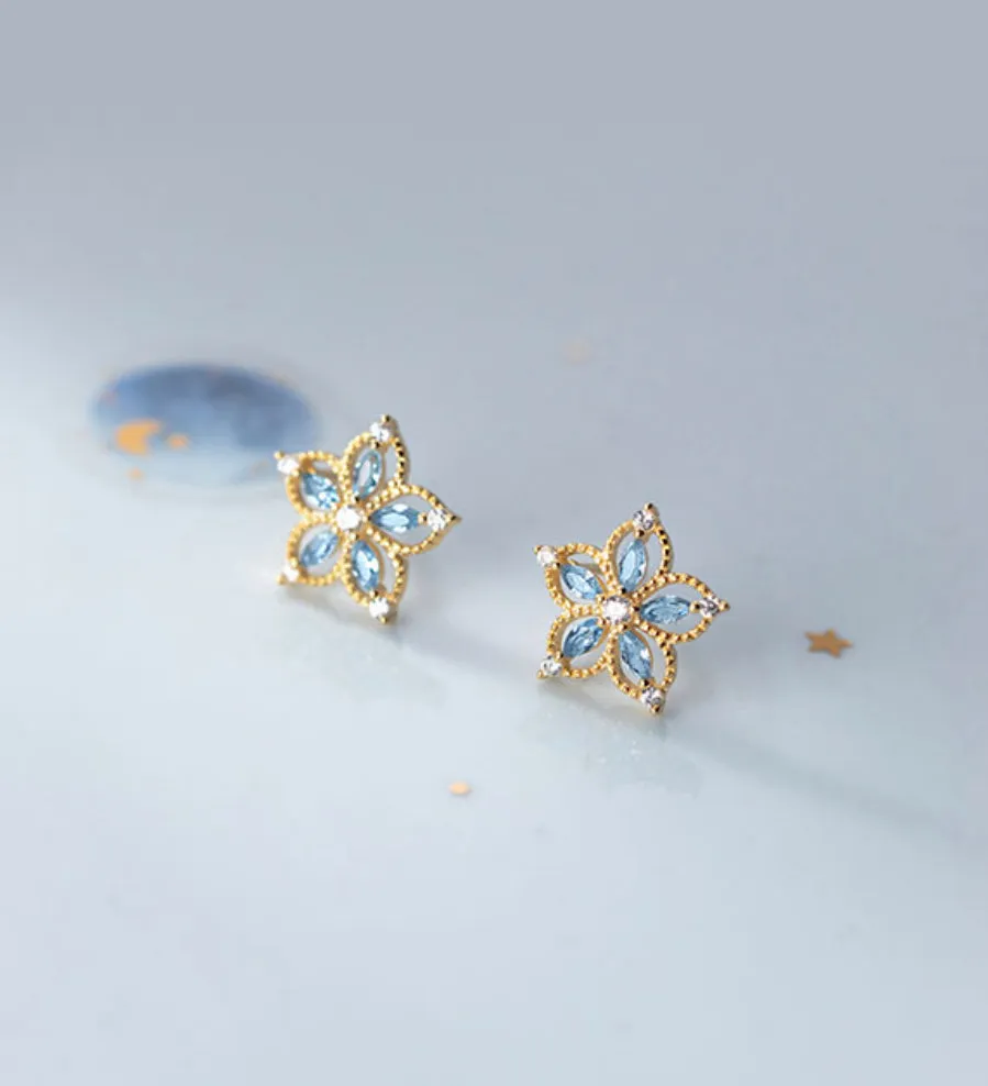 Hollow Flower w/ Blue Crystal Stud Earrings - SS067