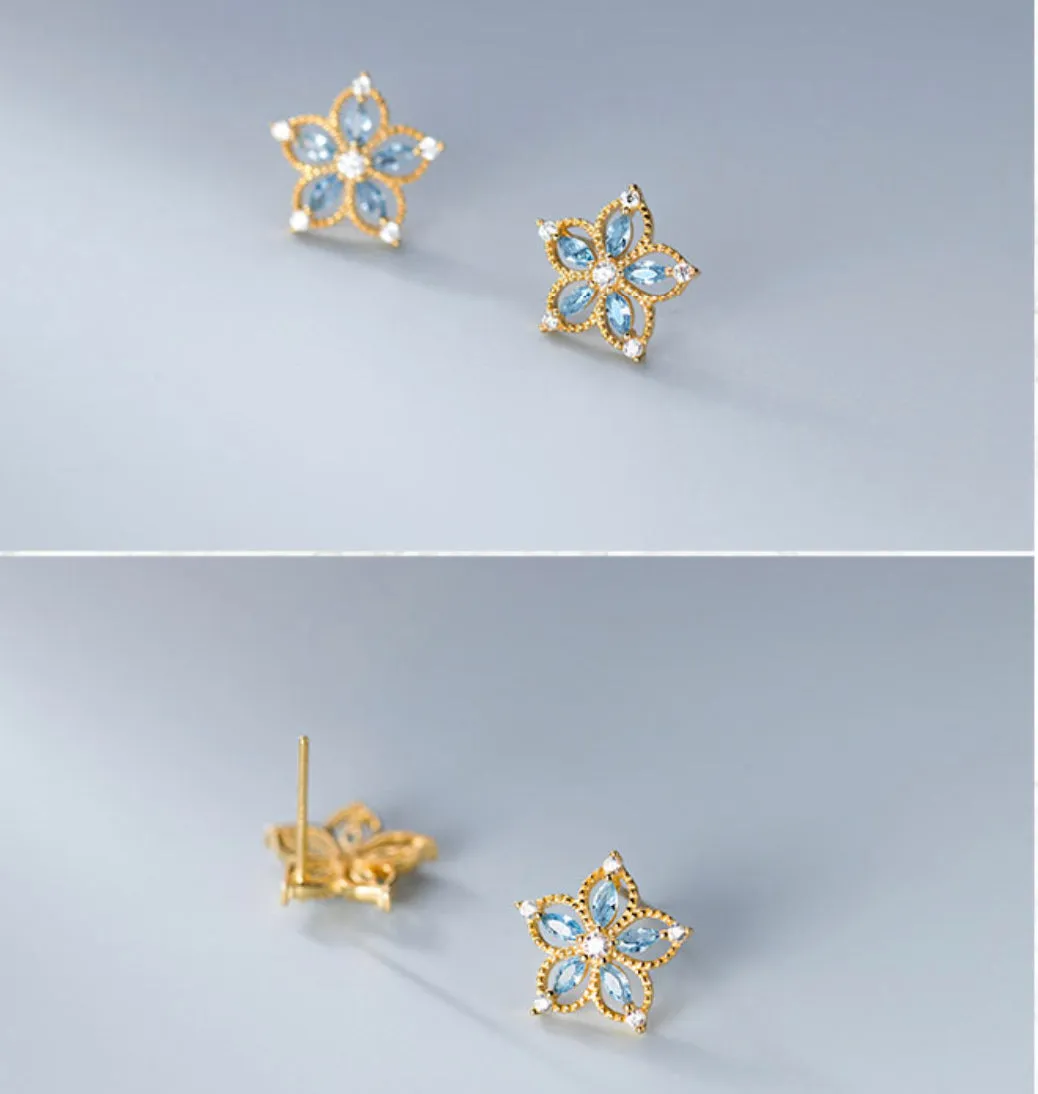 Hollow Flower w/ Blue Crystal Stud Earrings - SS067