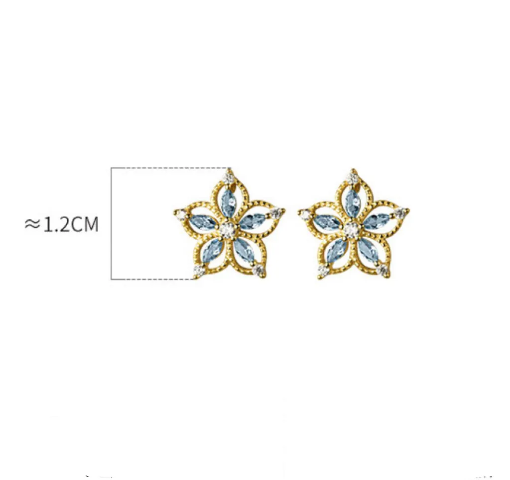 Hollow Flower w/ Blue Crystal Stud Earrings - SS067