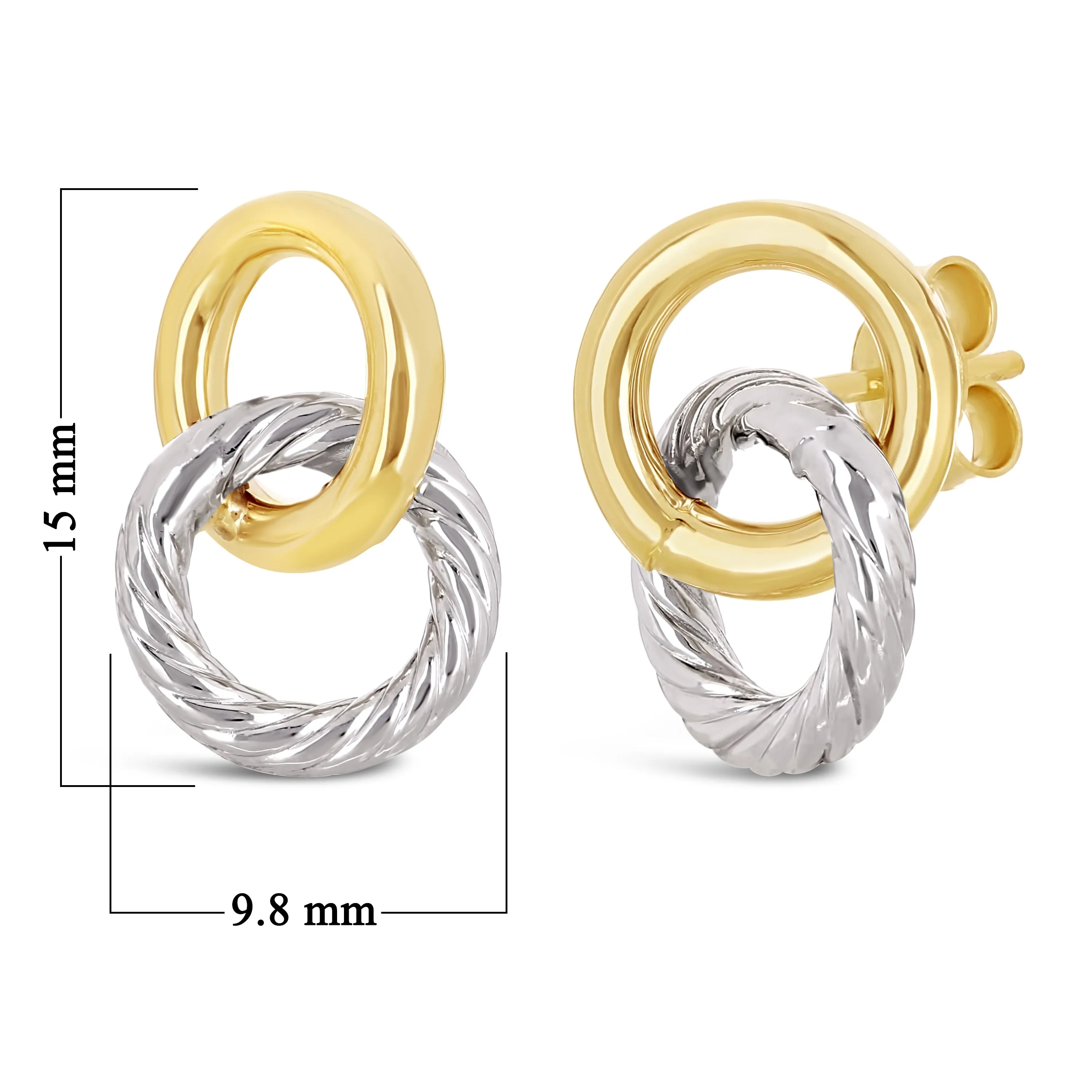 Italian 14k Yellow & White Gold Double Tube Shiny Eternity Circle Stud Earrings