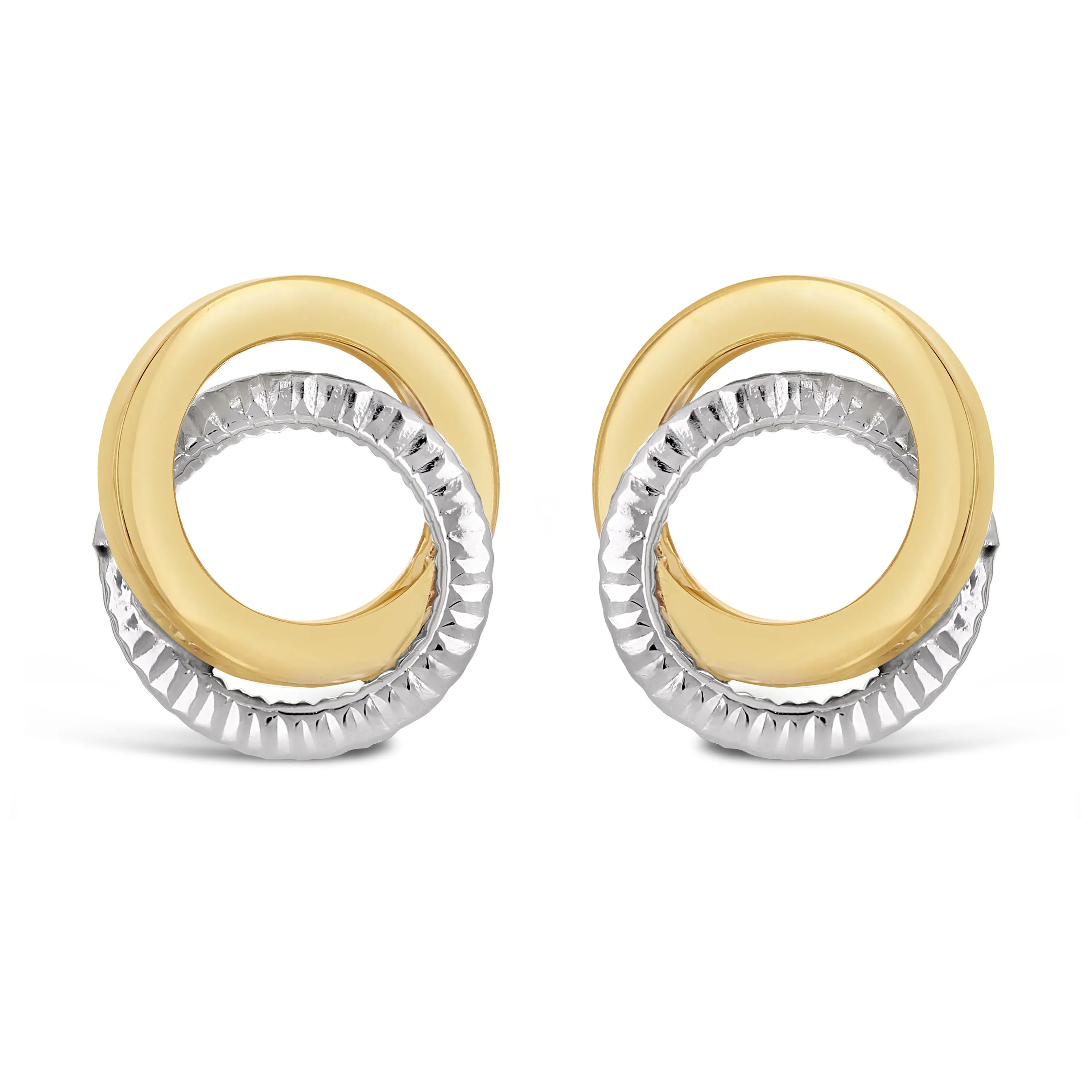 Italian 14k Yellow & White Gold Double Tube Shiny Eternity Circle Stud Earrings