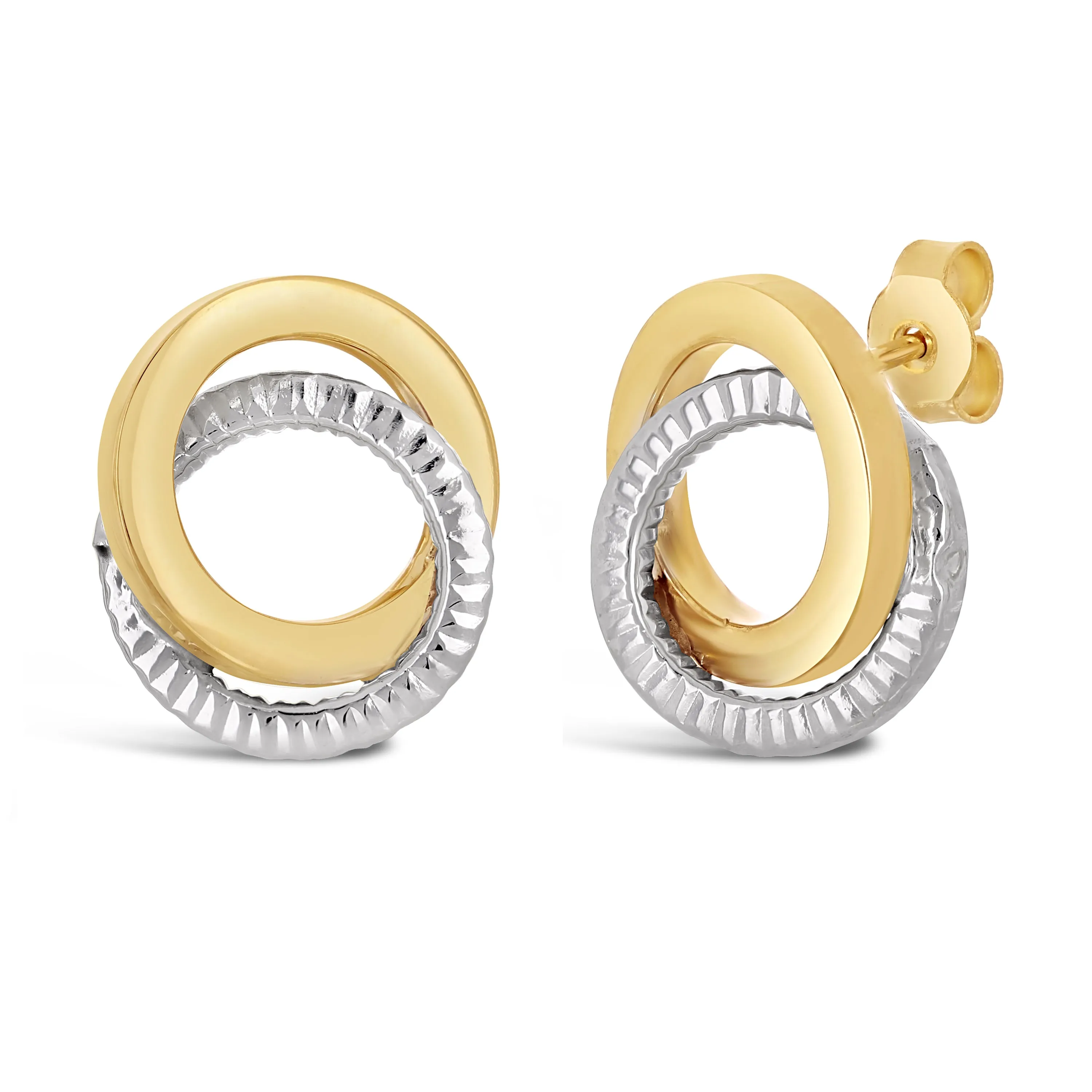 Italian 14k Yellow & White Gold Double Tube Shiny Eternity Circle Stud Earrings