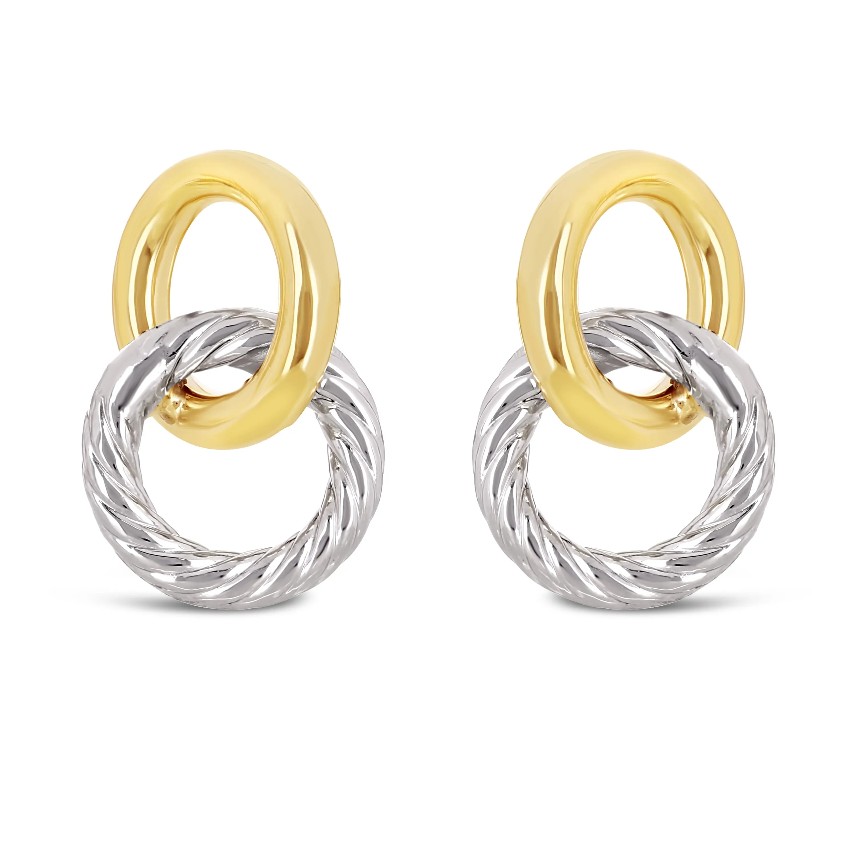 Italian 14k Yellow & White Gold Double Tube Shiny Eternity Circle Stud Earrings